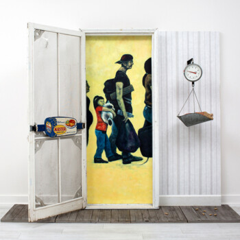 Gary Westford, oil on panel with vintage screen door, scale, wall, and floor
