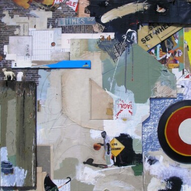 Washington Rhodes, found objects, collage, and acrylic painting adhered to cardboard